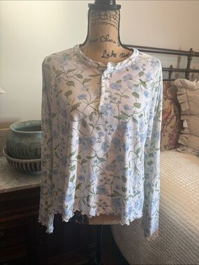 Hill House Floral Henley Pajama Set in White with Blue and Green Print